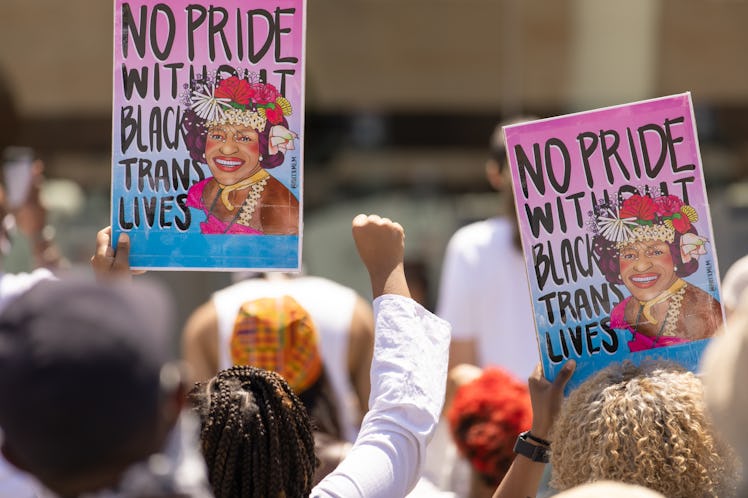 Brooklyn Liberation protestors holding posters with "no pride without Black Trans Lives" text