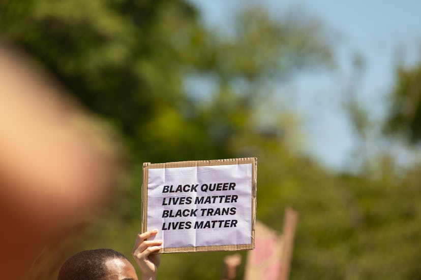 A person holding a small poster with the text 'Black Queer Lives Matter Black Trans Lives Matter'