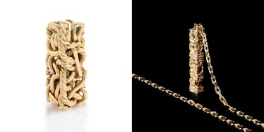 A compressed golden sculpture and a compressed gold totem on a gold chain by Celine in a collage
