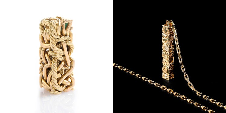 A compressed golden sculpture and a compressed gold totem on a gold chain by Celine in a collage