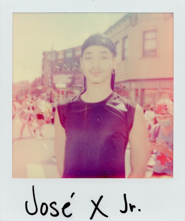 A polaroid shot of a person posing at the New York City Pride March with the text 'Jose x Jr.'