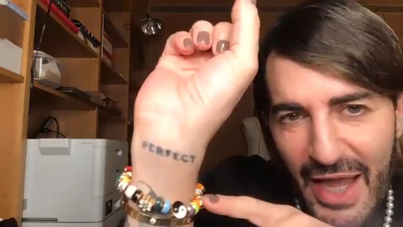 Marc Jacobs displaying his "Perfect" tattoo