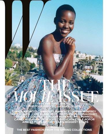 Lupita Nyong’o posing in a white mini dress on the cover of W Magazine