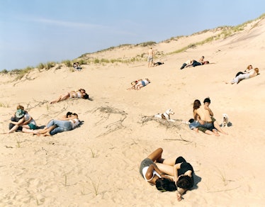 Ten couples cuddling on a sandy beach 