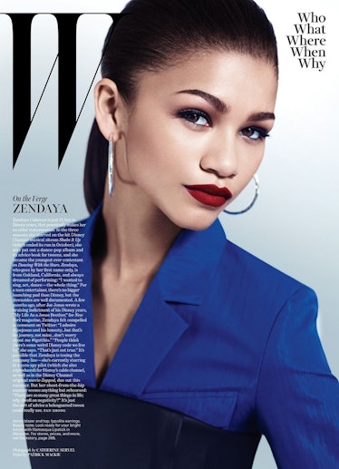 Zendaya posing in a blue blazer on the cover of W Magazine