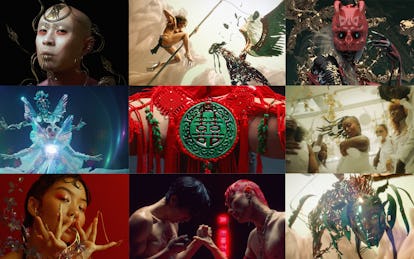 A nine-part collage with screenshot from films by Andrew Thomas Huang