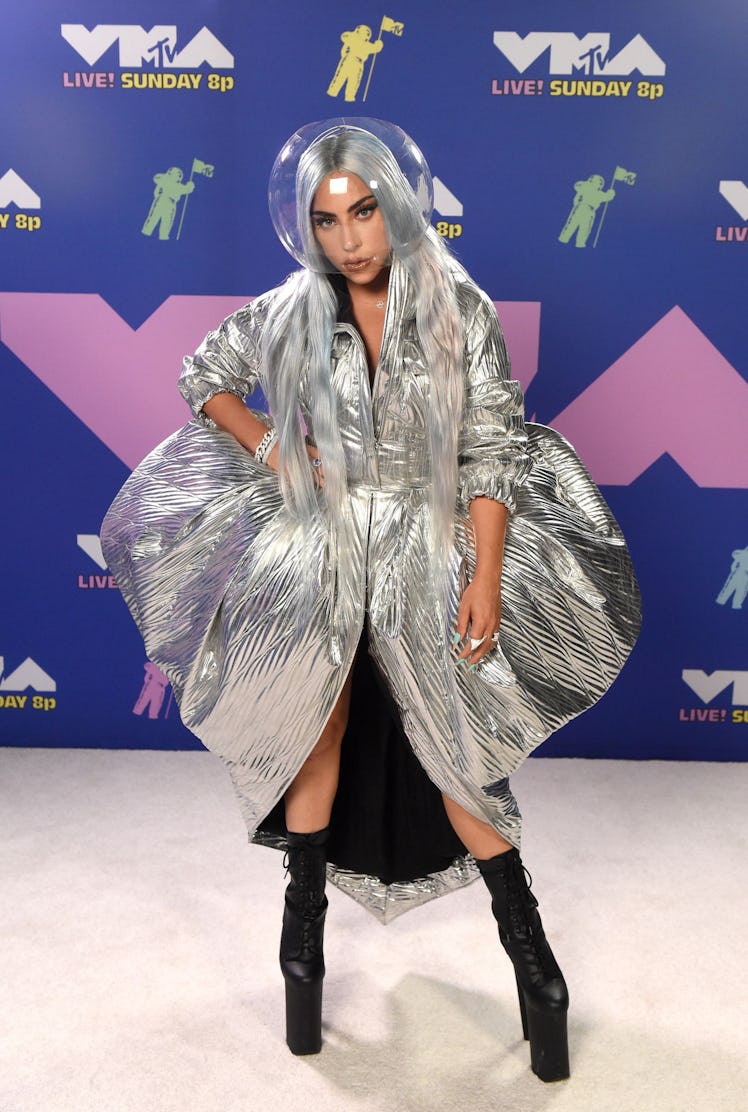 Lady Gaga in a silver jacket dress and bowl helmet at the MTV VMAs 2020