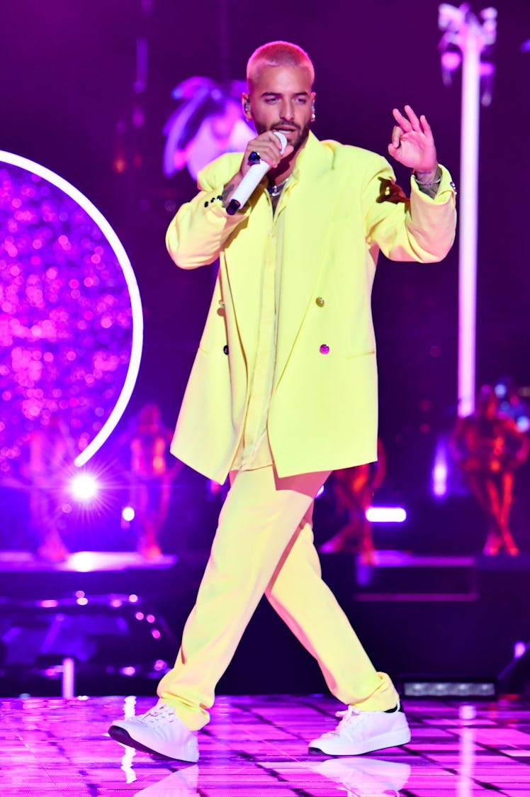 Maluma performing in a yellow Balmain suit at the MTV VMAs 2020