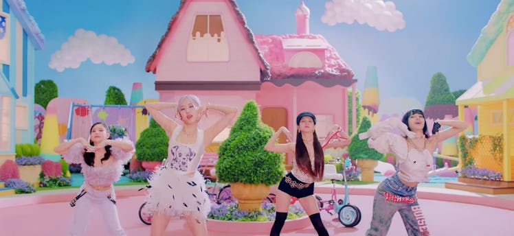 Jisoo, Jennie, Rosé, and Lisa dancing in a scene from “Ice Cream”