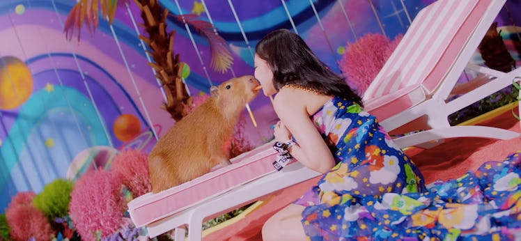 A capybara sharing food with Selena Gomez in the “Ice Cream” music video
