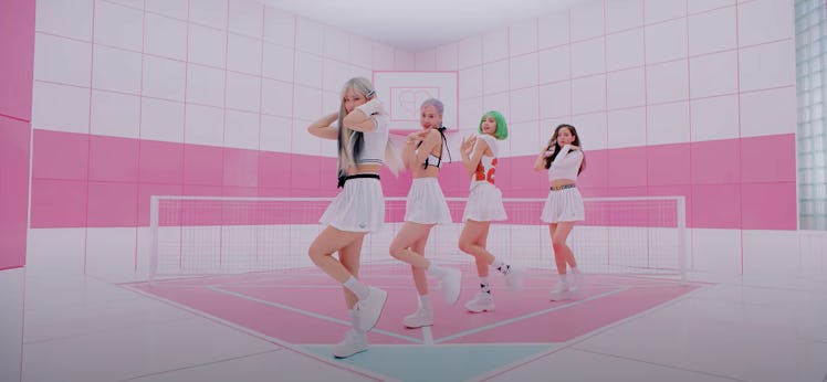 Four Blackpink group members dancing on a pink tennis court in “Ice Cream”