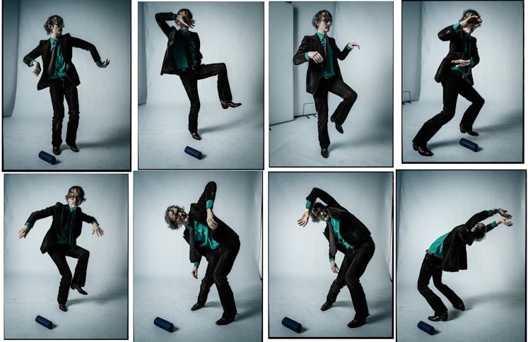 Collage of Jarvis Cocker doing crazy moves in a formal suit