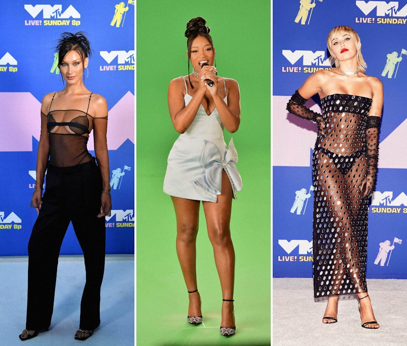 Bella Hadid, Keke Palmer and Miley Cyrus at the MTV VMAs 2020 in a three-part collage