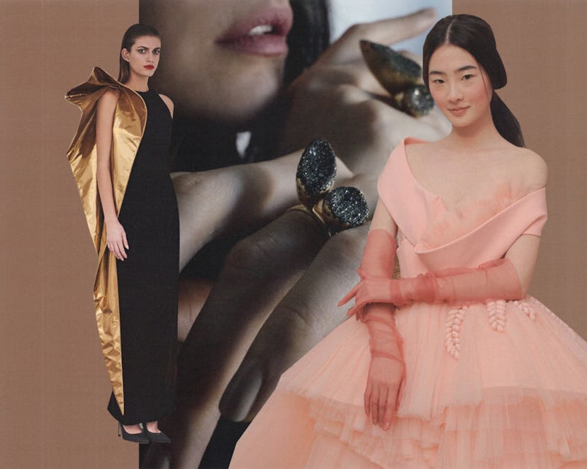 A collage with two models wearing a gold-black dress and a peach dress and a model posing with rings