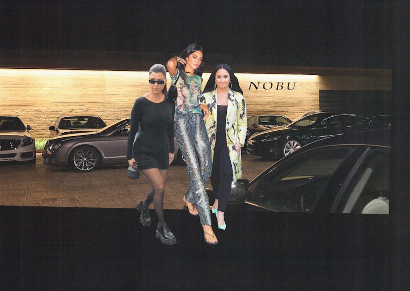 Kourtney Kardashian, Kyle Jenner and Demi Lovato in front of the Nobu Malibu restaurant.