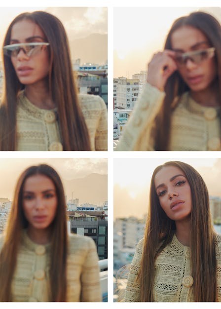 A four-part collage of Anitta with her sunglasses on and off