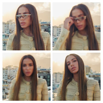 A four-part collage of Anitta with her sunglasses on and off