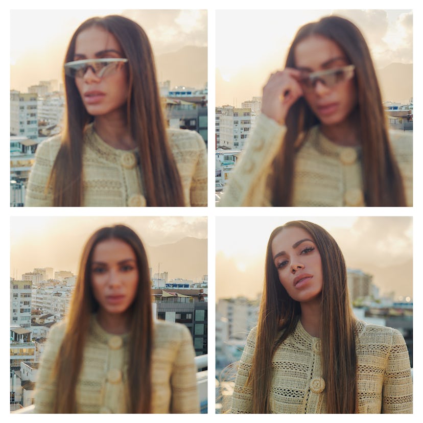 A four-part collage of Anitta with her sunglasses on and off