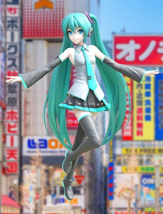 Hatsune anthropomorphic hologram of a 16-year-old girl with long turquoise twin-tails