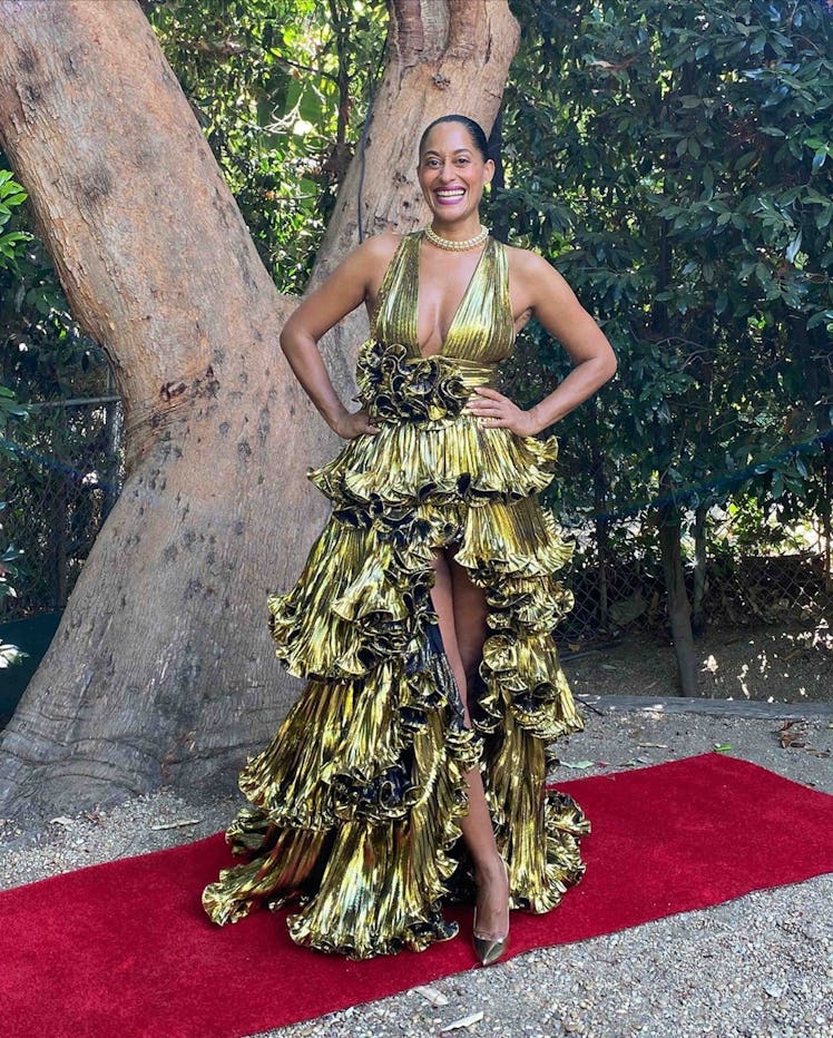 Tracee Ellis Ross in a gold pleated and layered Alexandres Vauthier dress at the 2020 Emmy Awards