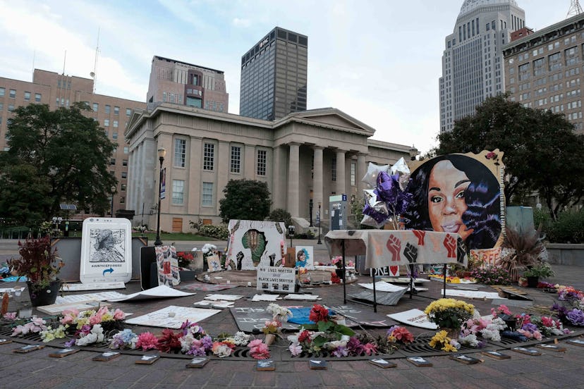 A memorial to Breonna Taylor in Jefferson Square Park in downtown Louisville, Kentucky with flowers ...