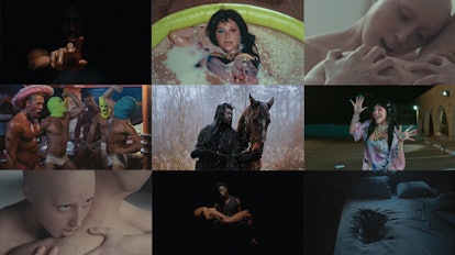 A nine-part collage with screenshots from videos directed by Allie Avital