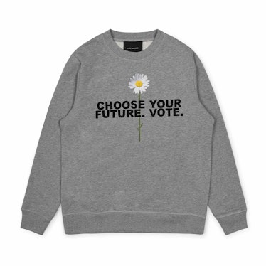 A grey Marc Jacobs x Dover Street Market Pullover with the text 'Choose your future. Vote.'