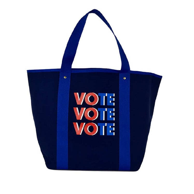 A navy-blue Corroon Vote Tote with the text 'VOTE VOTE VOTE' in blue and red