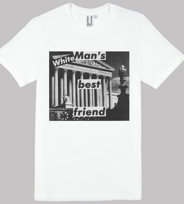 A white Downtown for Democracy Barbara Kruger Tee with black and white print