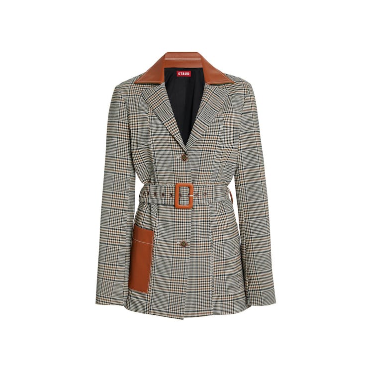 Staud jacket in checked-grey and orange for in-between fall weather