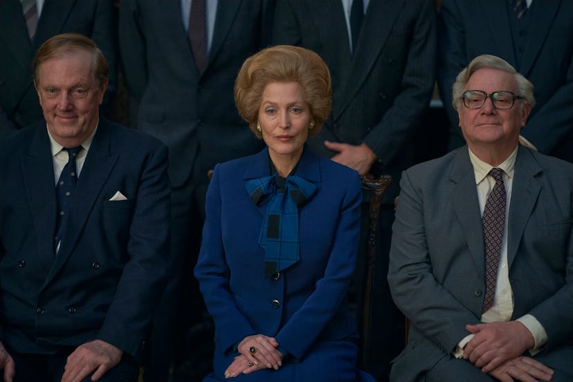 Gillian Anderson as Margaret Thatcher in a blue suit in The Crown. 