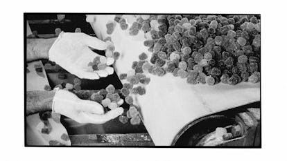 Hands collecting coins from a table