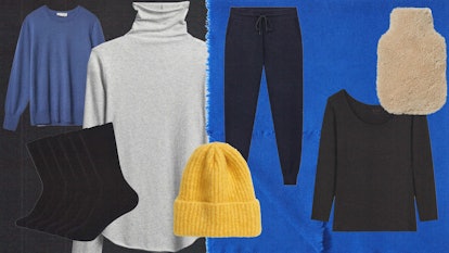 A collage of warm shirts, turtlenecks, beanies, and pants under $100