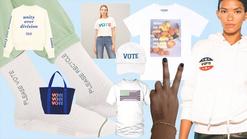 A collage with stylish “Vote” merch: caps, cashmere, and tees