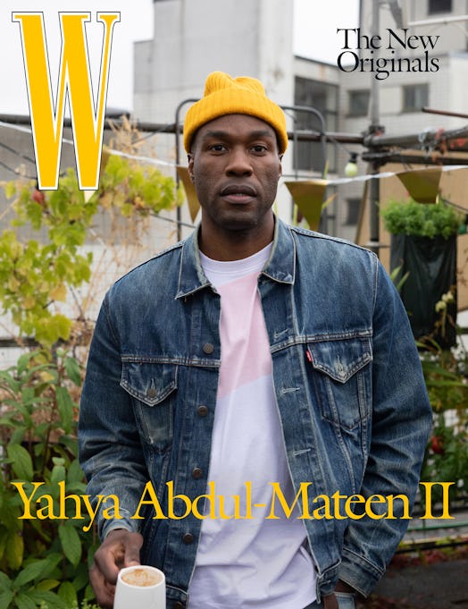 Yahya Abdul-Mateen II wearing a vintage Levi’s jacket; silk screen–printed T-shirt and a yellow bean...