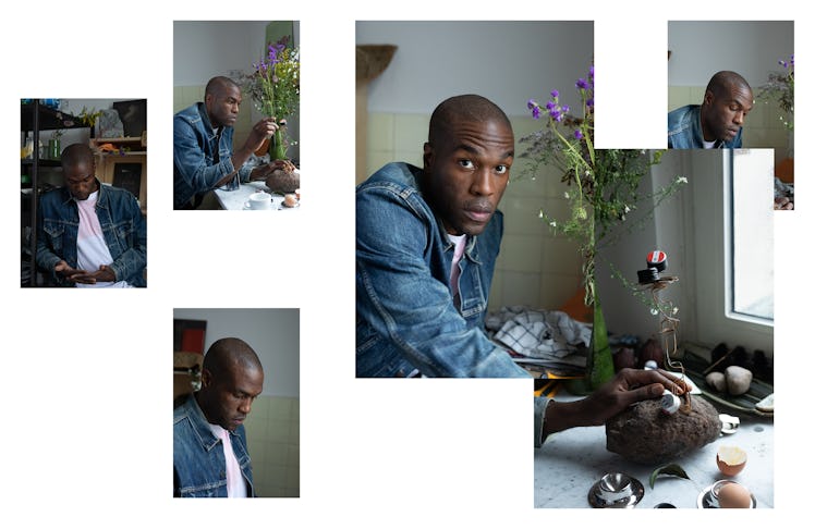A collage with Yahya Abdul-Mateen II wearing Vintage Levi’s jacket, and silk screen–printed T-shirt