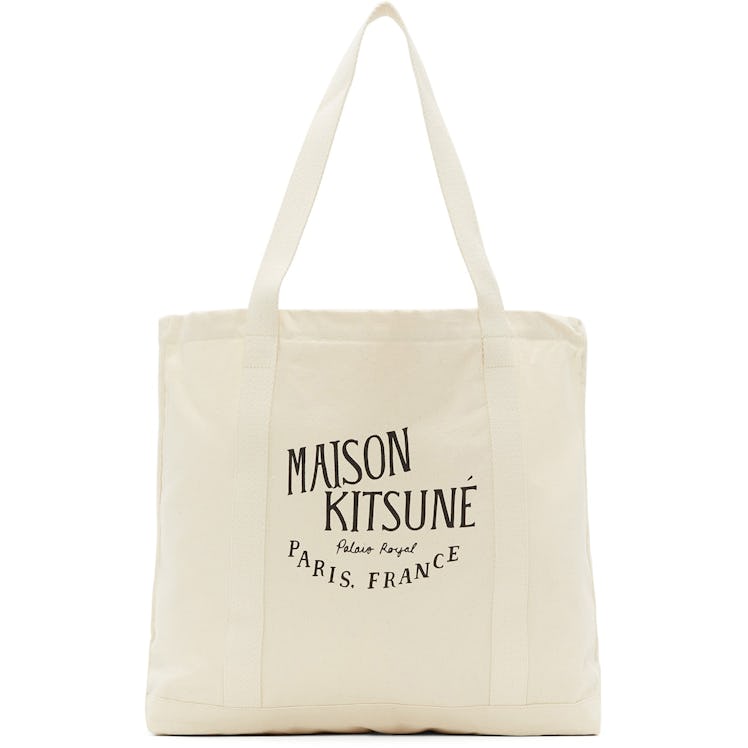 A white printed Maison Kitsune tote bag as one of the most stylish tote bags under $100
