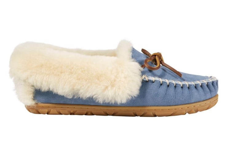 L.L. Bean Wicked Good Moccasins in beige, blue and brown