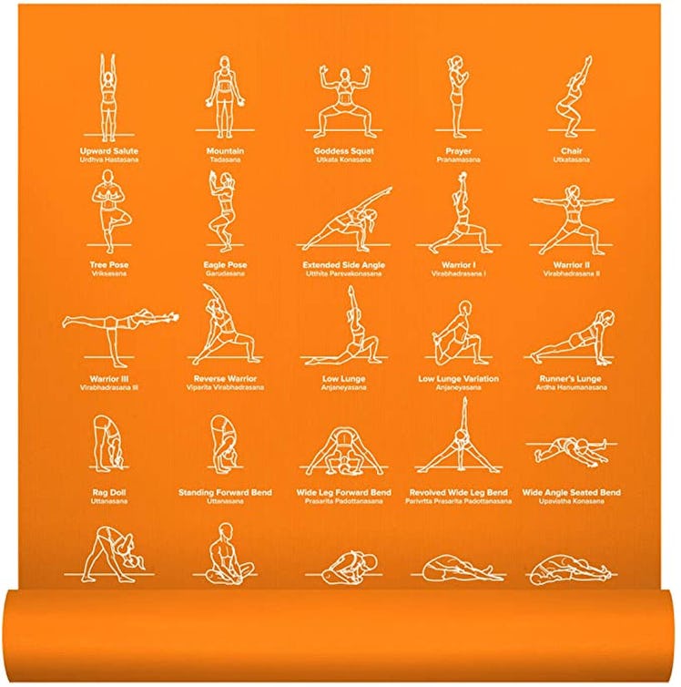 NewMe orange yoga mat with illustrations of yoga positions 