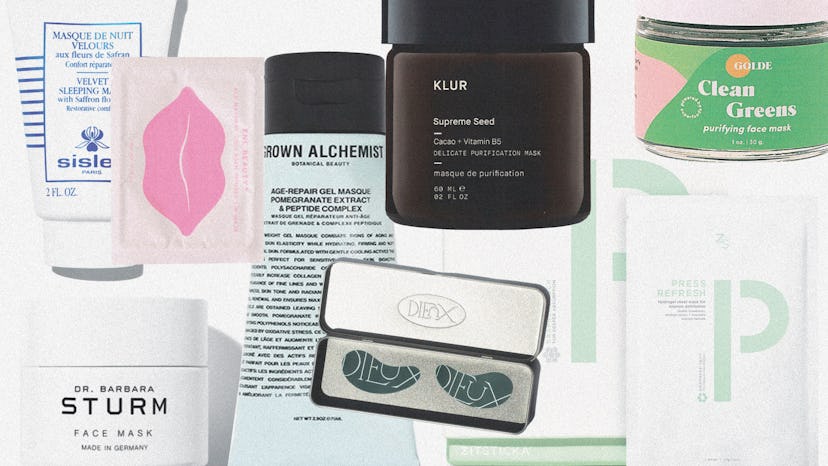 Collage of bottles and tubes of hydrating masks for dry winter skin