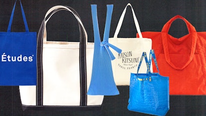 A collage of different stylish tote bags under $100 in blue, orange and white