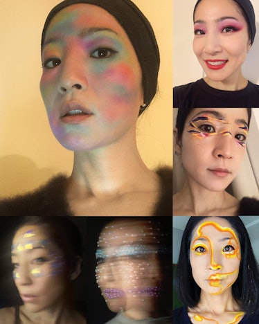 Collage of photos of a woman that has different makeup drawings on her face