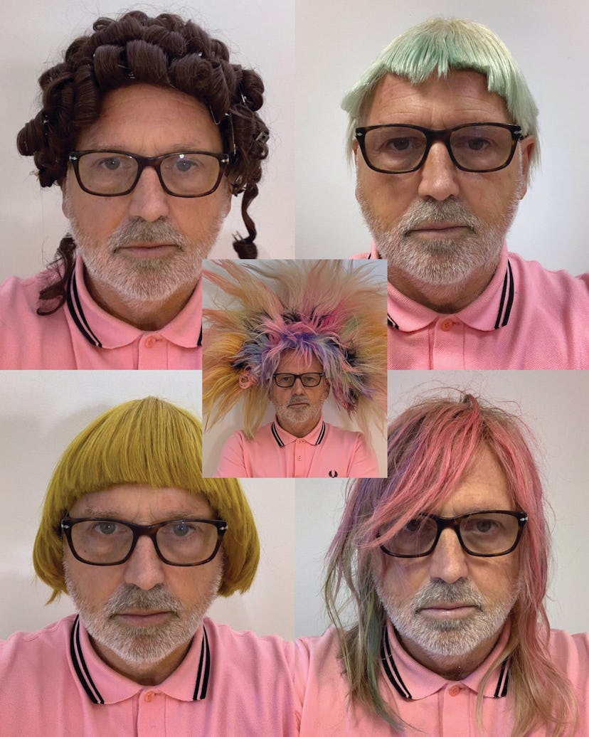 A collage of Sam McKnight wearing differently colored and shaped wigs