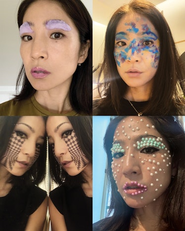 Collage of four photos of a woman that has different makeup drawings on her face