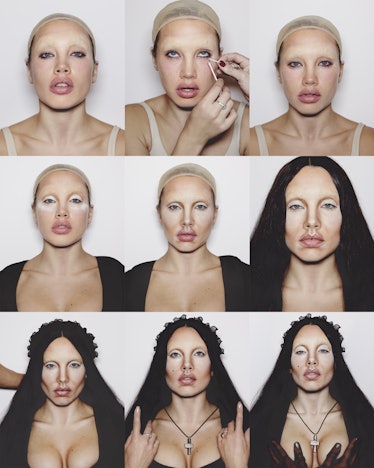 Collage of the process of a woman putting a black wig and makeup on