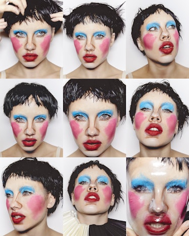 Collage of the process of a woman turning her face into a clown