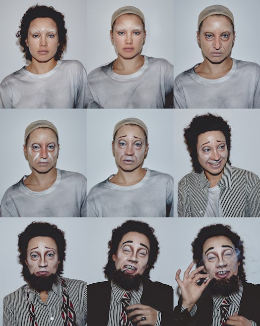Collage of the process of a woman turning her face into a face of an old man with big beard