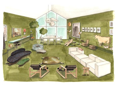 A watercolor illustration of a living room in mostly olive and beige by Charlap Hyman for VitraHaus ...