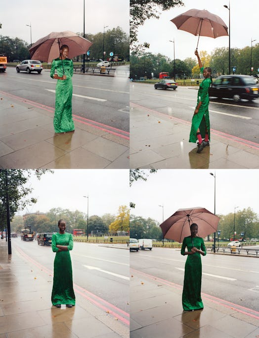 A four-part collage of a model posing in a green Miu Miu dress while holding an umbrella