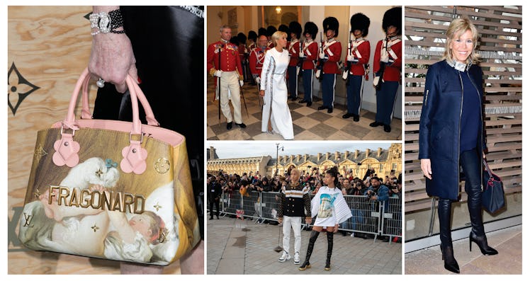 A four-part collage: Louis Vuitton bag Brigitte Macron, Jaden and Willow Smith